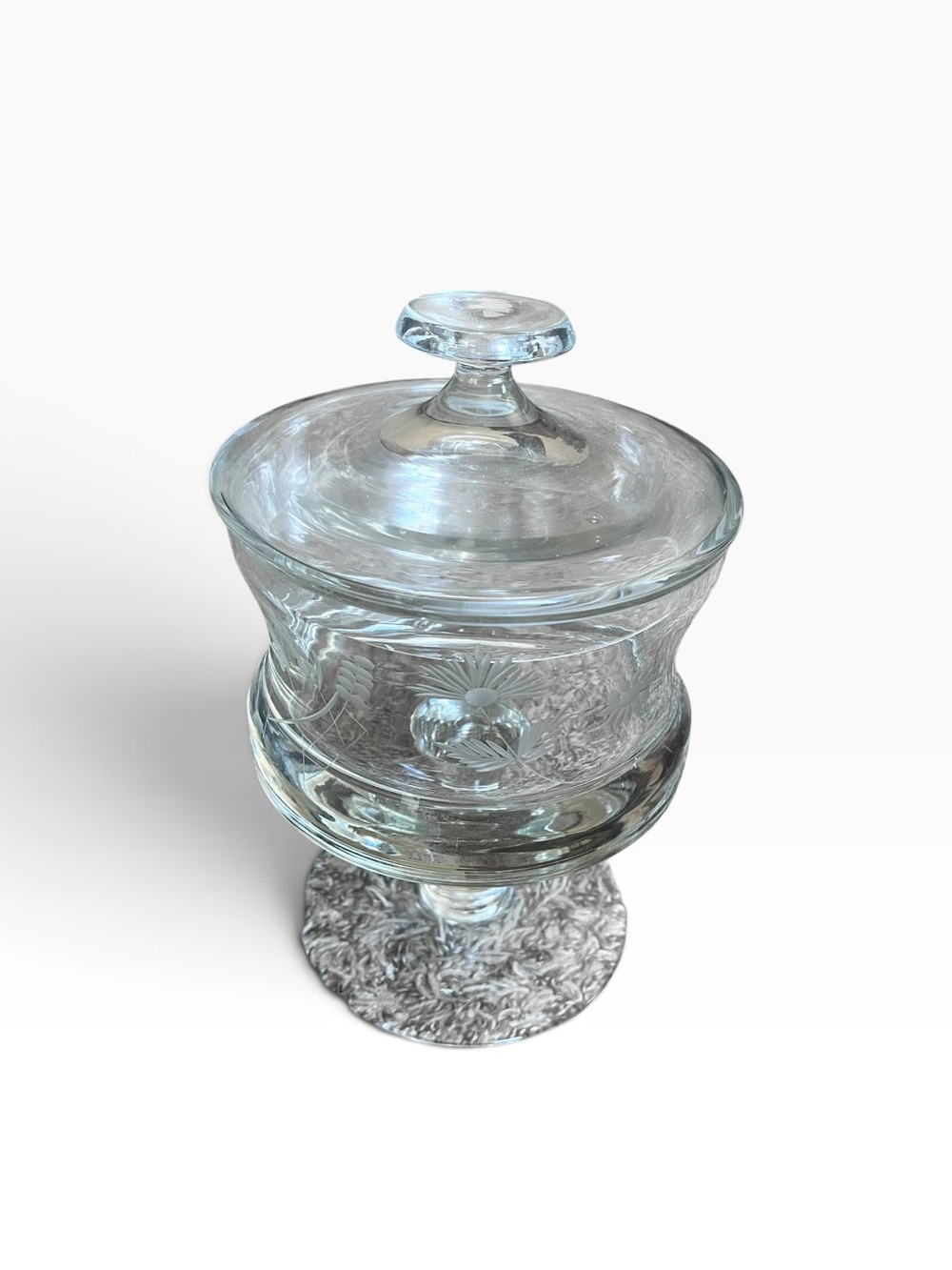 Leonard Silver Summerfield Lidded Candy Dish Clear Glass Cut Floral And Wheat